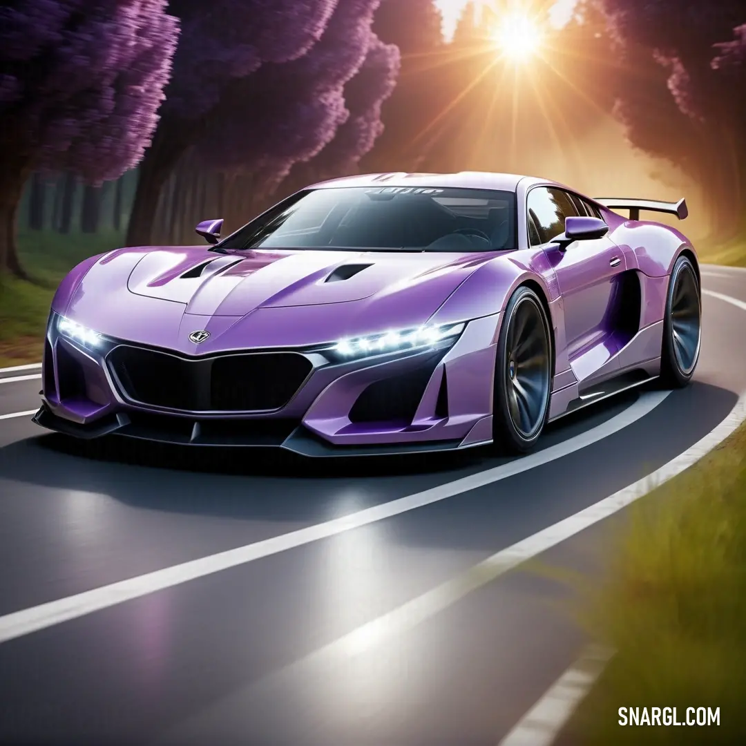 Purple sports car driving down a road at night with the sun shining on the trees behind it and the road is lined