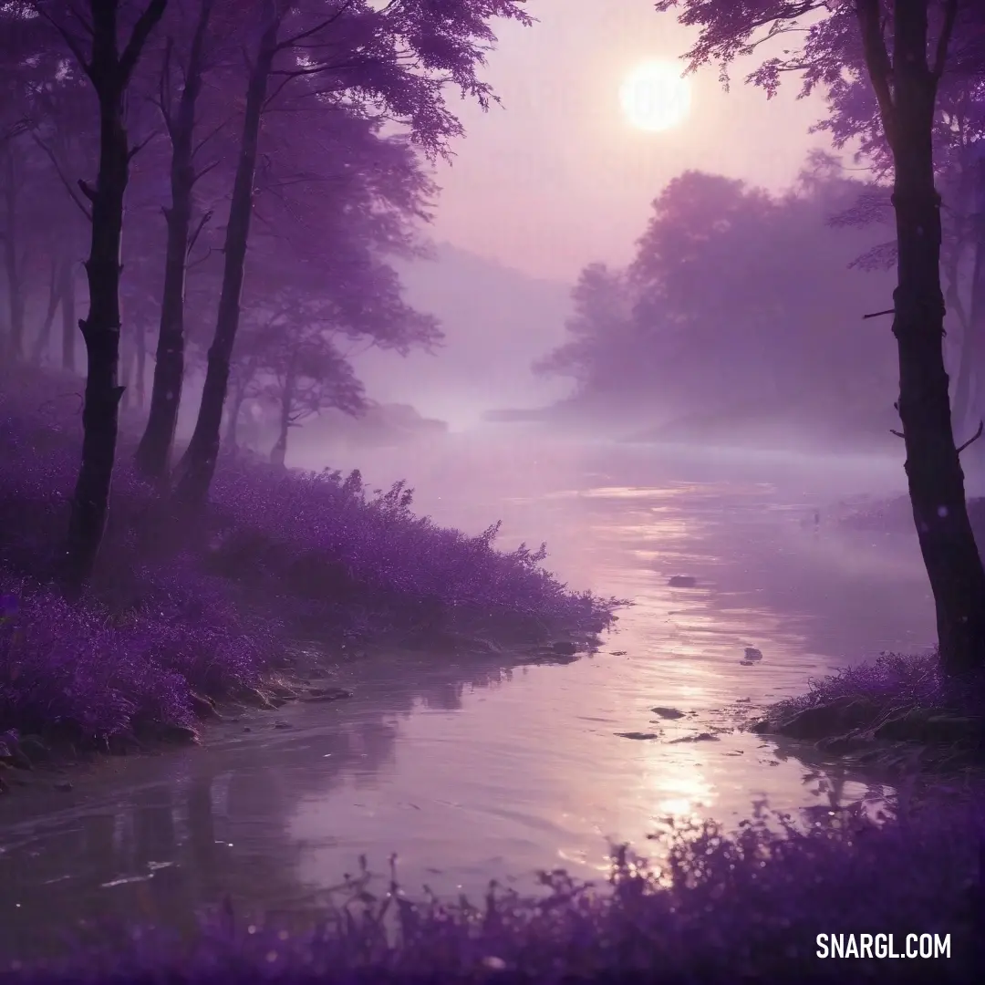 Royal purple color example: River with purple flowers and trees in the background