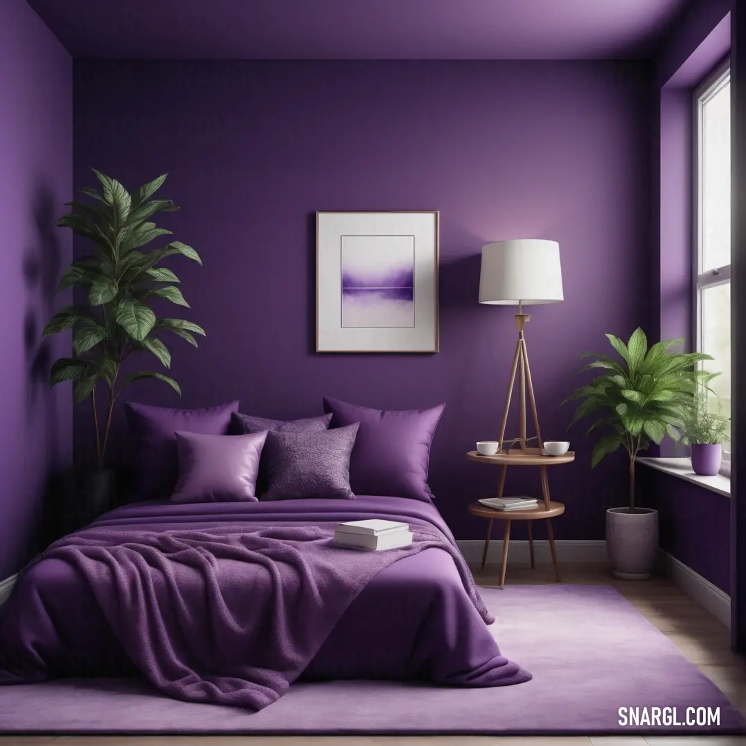 Bedroom with a purple wall and a purple bed with purple sheets and pillows and a plant in a vase. Example of Royal purple color.