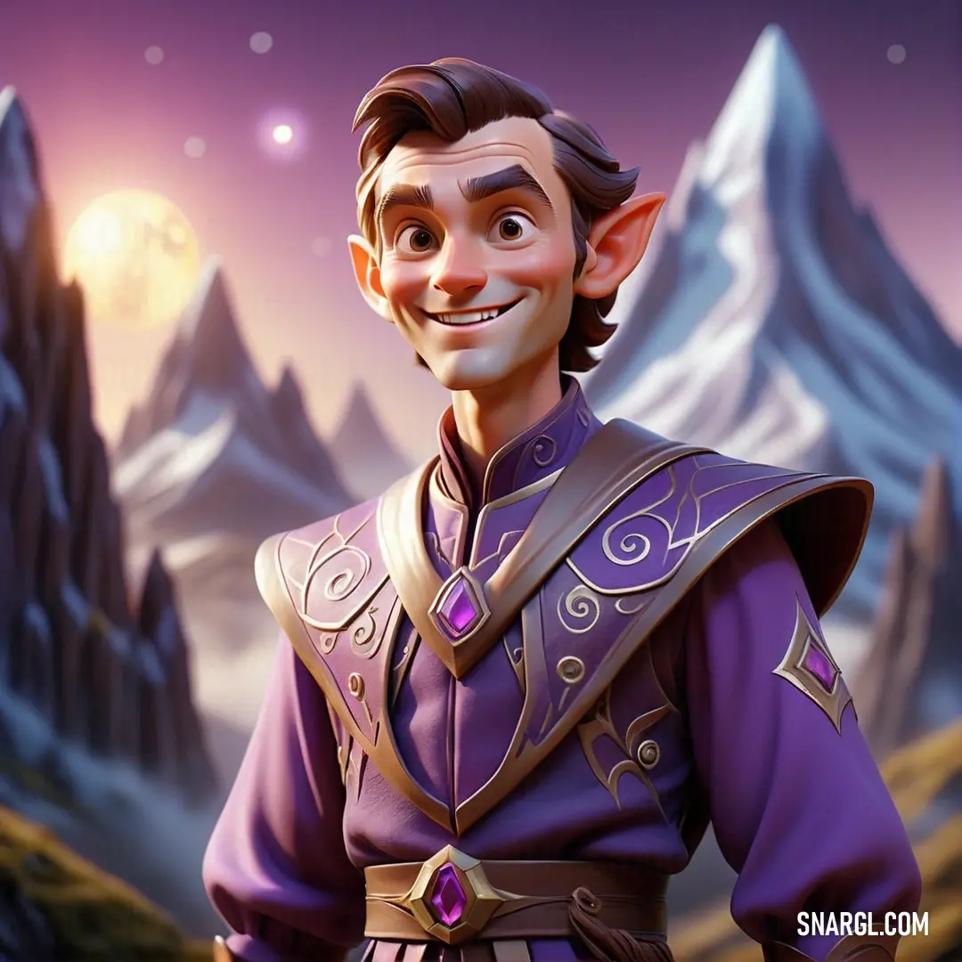 Cartoon character in a purple outfit with mountains in the background. Example of CMYK 29,52,0,34 color.