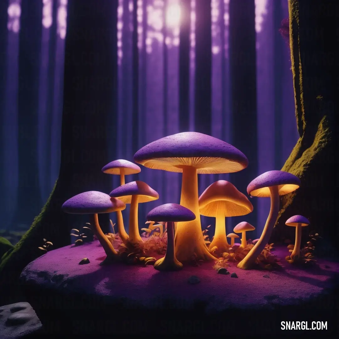 Group of mushrooms in a forest with a purple light shining on them. Example of #7851A9 color.