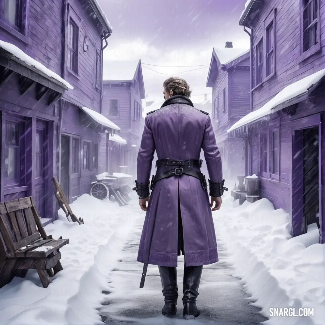 Royal purple color example: Man in a purple coat is walking through a snowy alley way with a bench