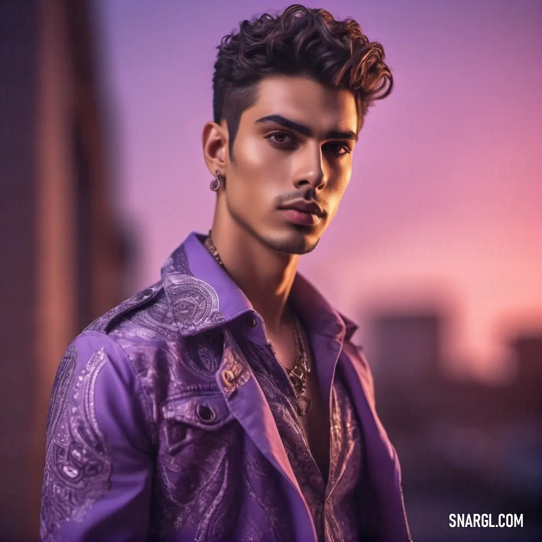 Royal purple color example: Man with a purple shirt and a necklace on his neck and a purple shirt on his shirt