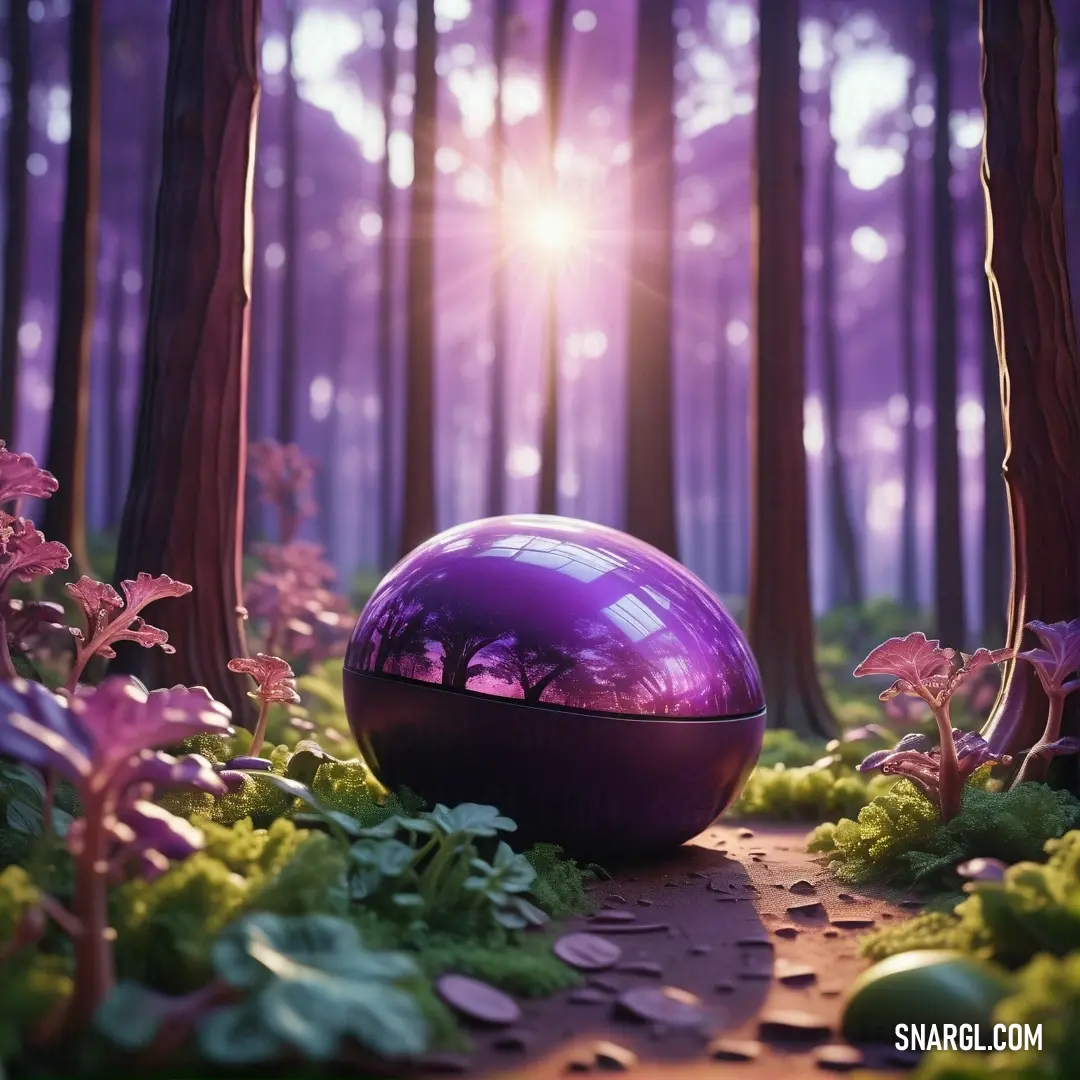 Purple ball in the middle of a forest with flowers and plants around it. Example of CMYK 29,52,0,34 color.