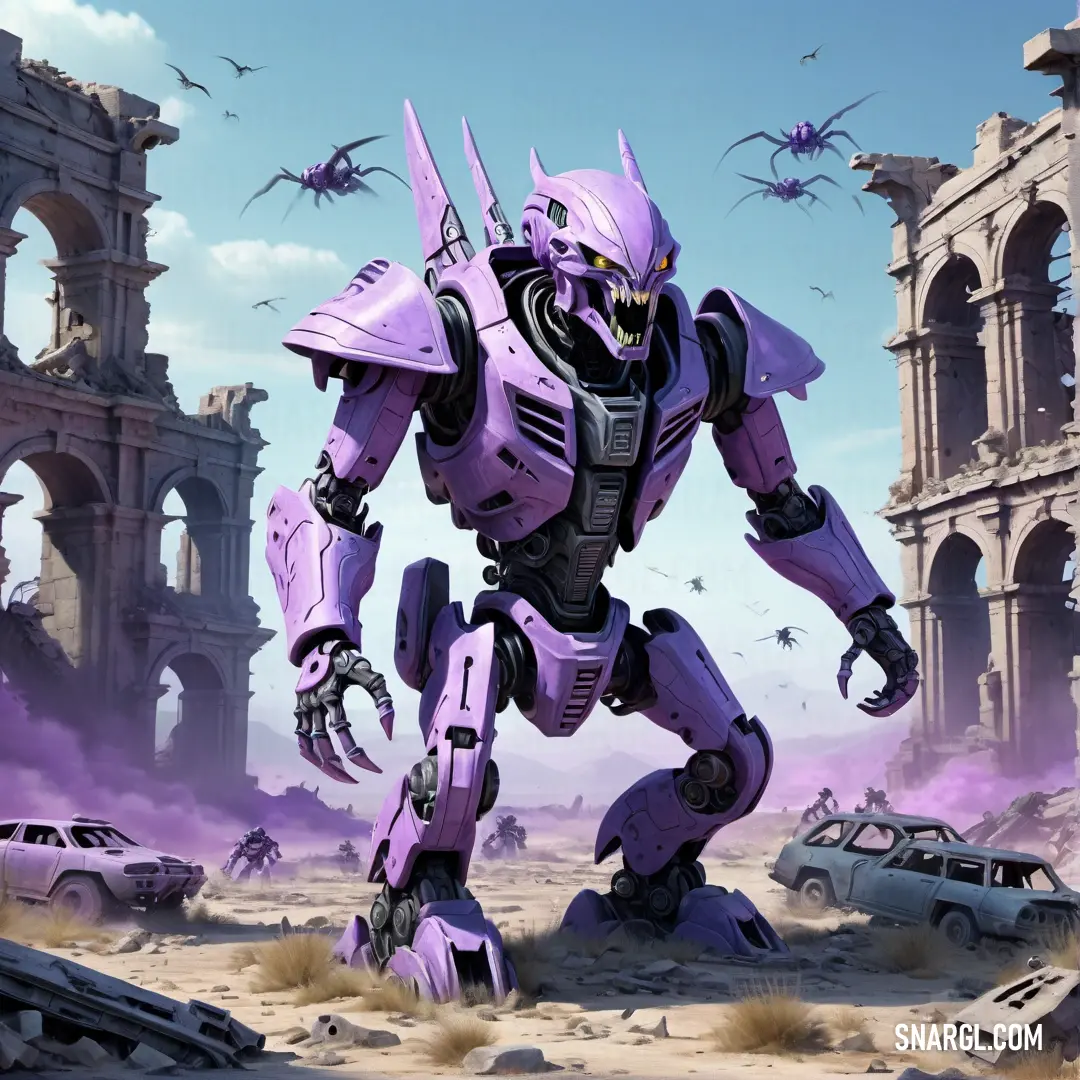 Royal purple color. Robot that is standing in the dirt near a building and cars in the background