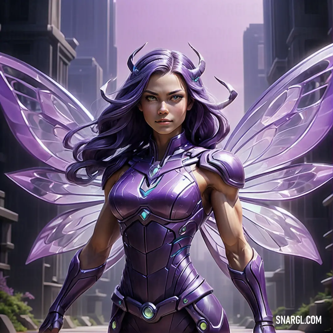Woman in a purple outfit with a purple wings and a purple helmet on her head and a city street behind her. Color Royal purple.