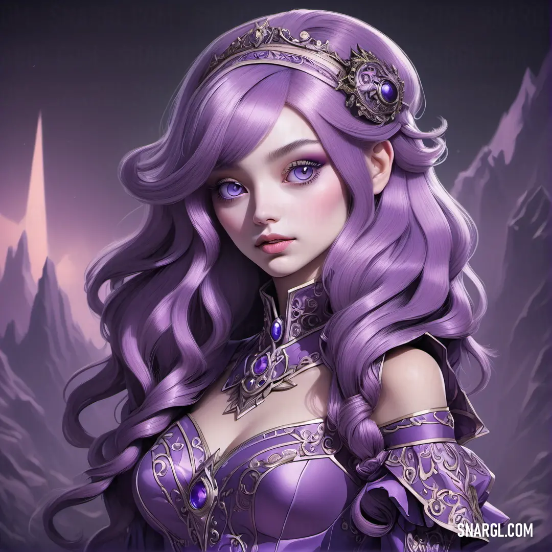 Woman with purple hair and a tiara on her head and a mountain in the background. Color Royal purple.