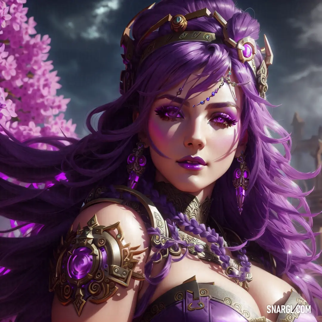 Royal purple color example: Woman with purple hair and a crown on her head and purple hair and purple eyes