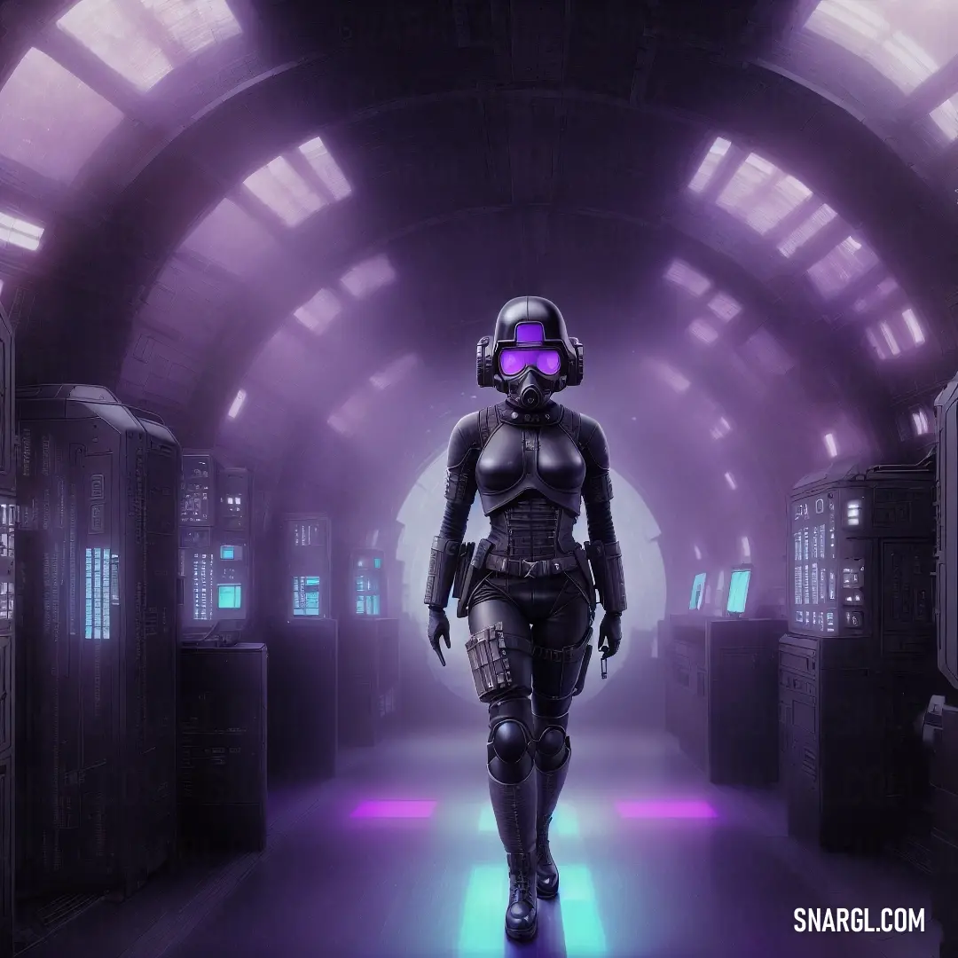 Woman in a futuristic suit walking down a hallway with purple lights on her face and a helmet on her head