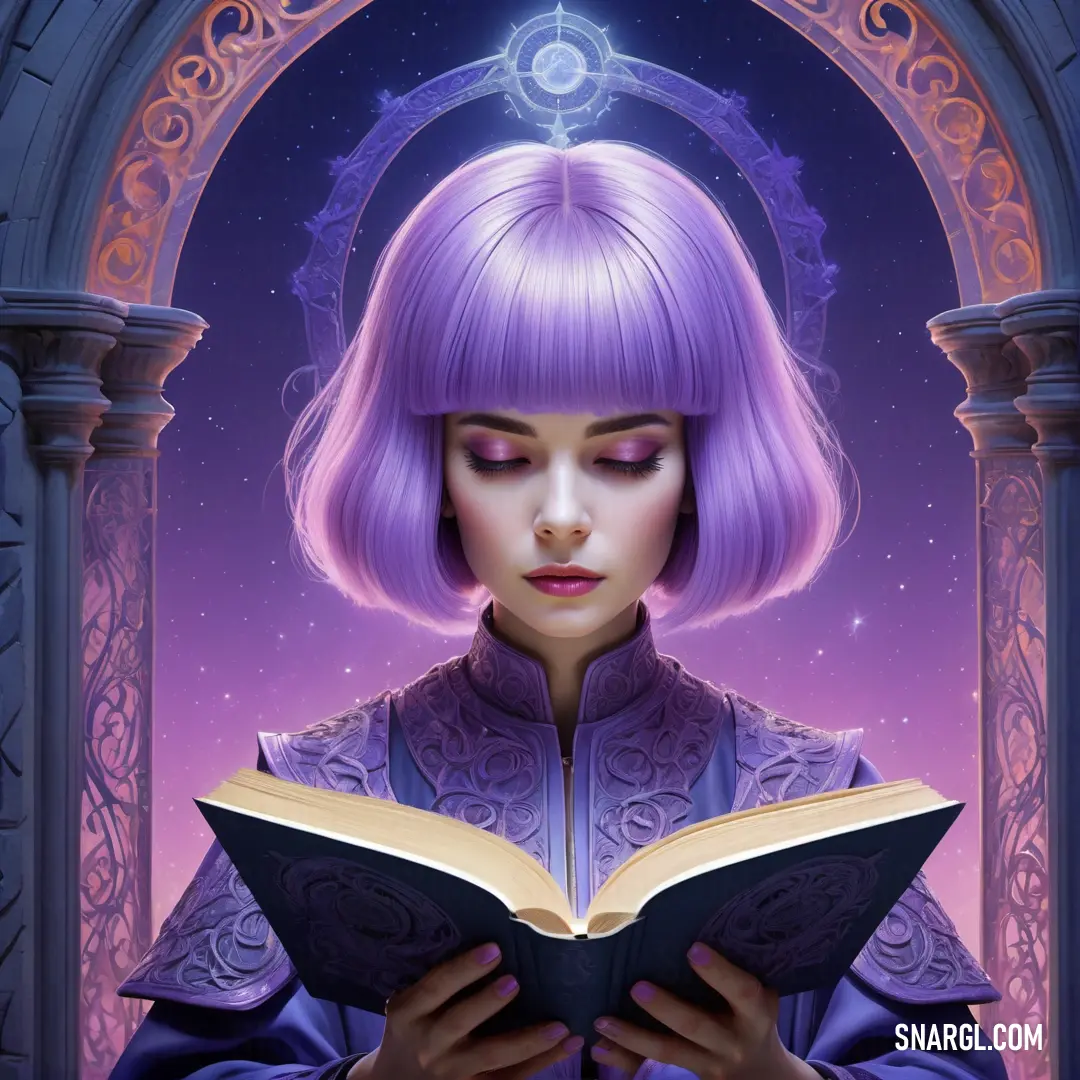 Woman with purple hair is reading a book in front of an arch with a star above her head. Color CMYK 29,52,0,34.