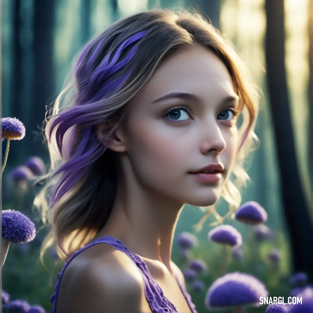 Royal purple color example: Woman with purple hair and blue eyes standing in a field of purple flowers with a forest in the background