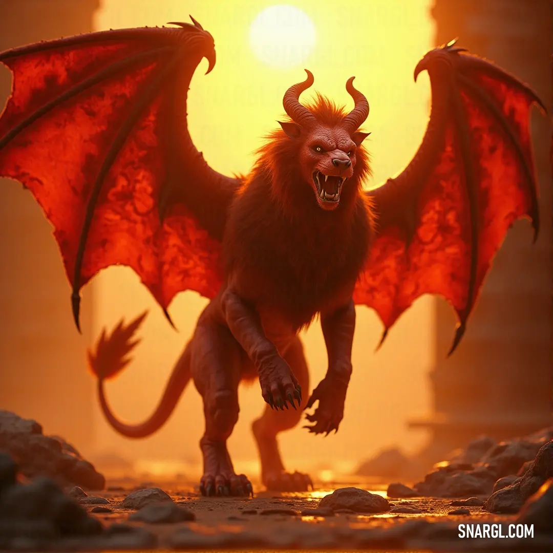 A Red Ruby Manticore with striking horns on its back legs, standing with power and grace. A Red Ruby Manticore, its sharp, gleaming horns extending from its back legs, roars with fiery intensity as its red-scaled body stands in stark contrast to the surrounding wilderness.