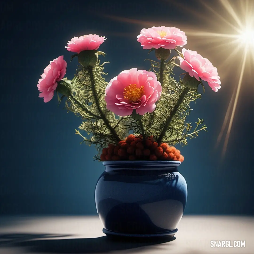 Blue vase with pink flowers on a table with a blue background. Example of RGB 224,17,95 color.