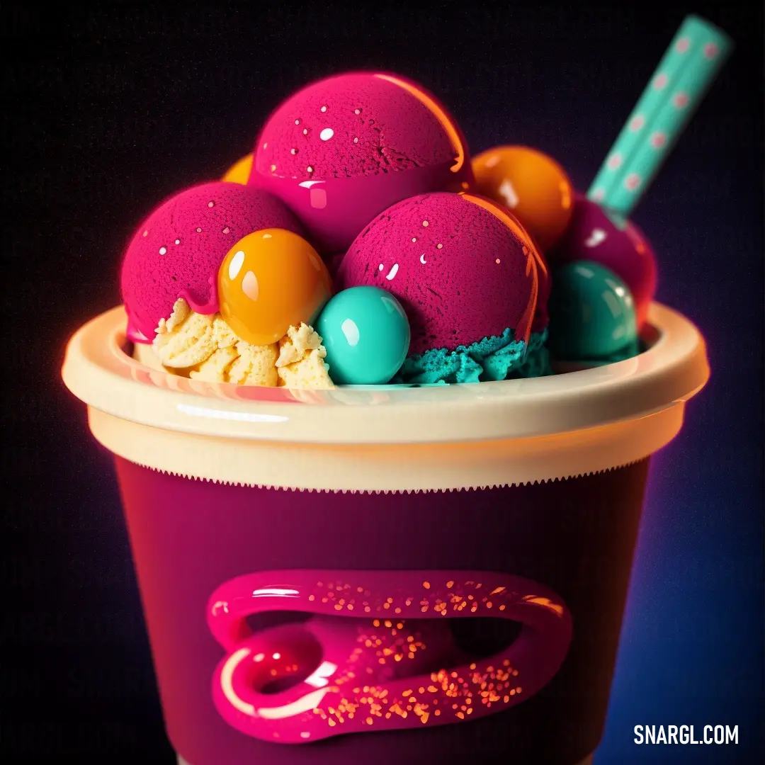 Cup filled with ice cream and candy balls on top of a table with a straw in it