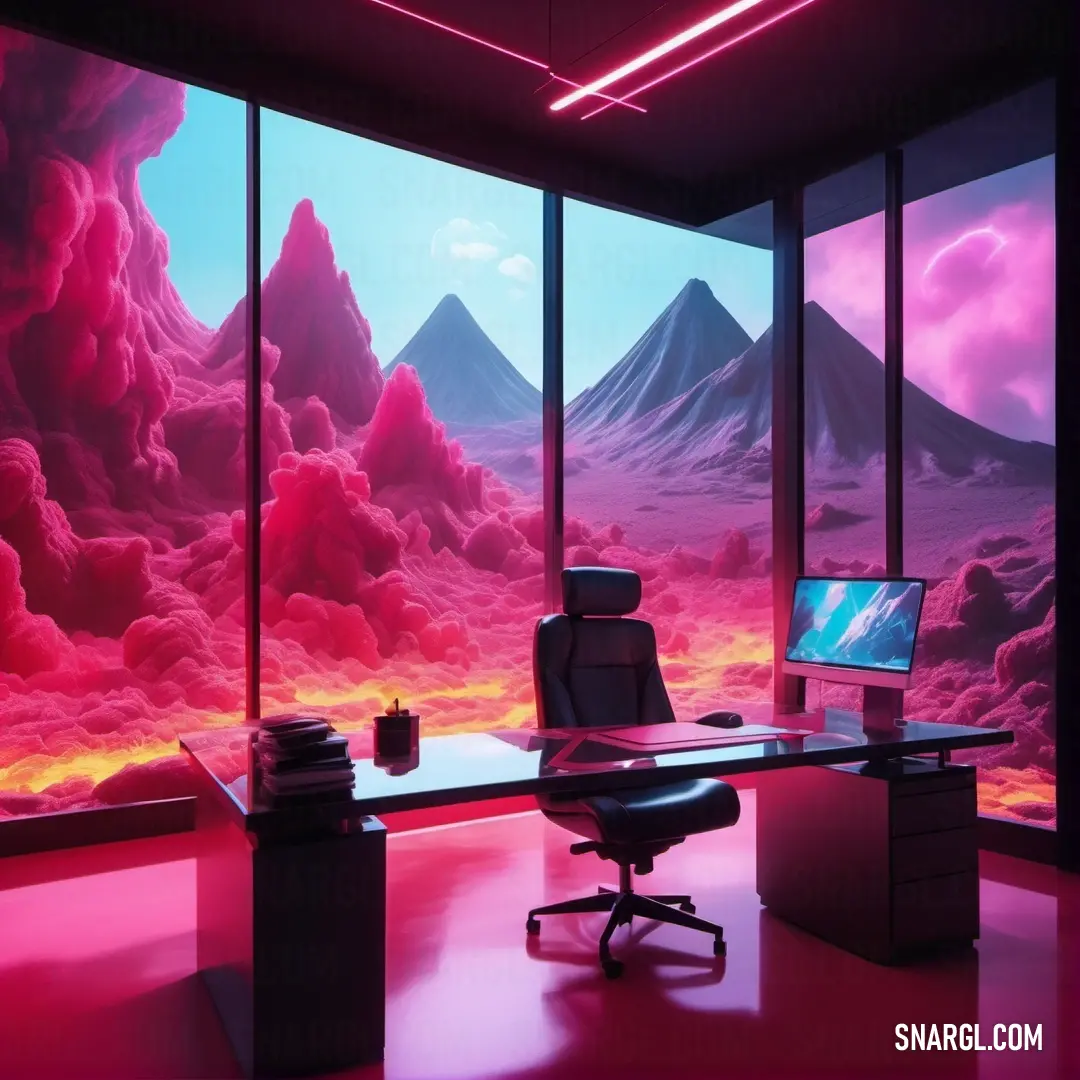 Desk with a computer and a monitor on it in a room with a mountain view and a pink sky. Example of Ruby color.