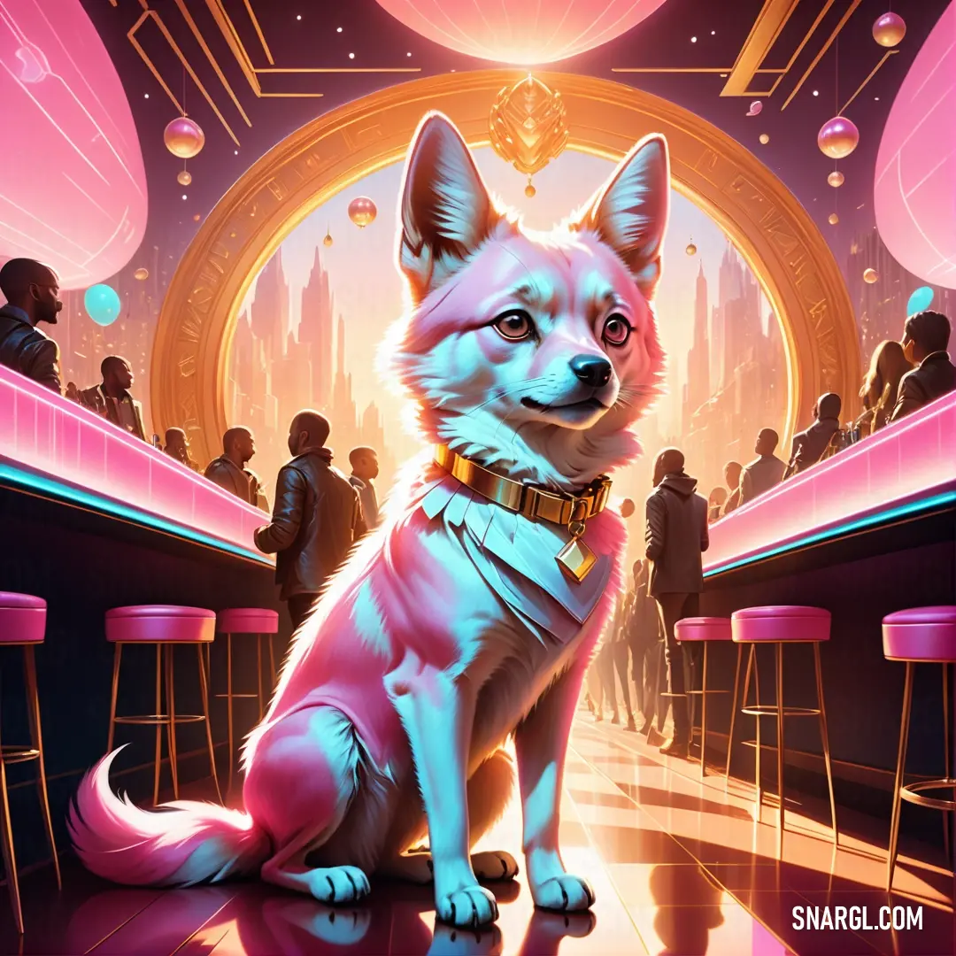 A playful dog stands in front of a lively bar scene, with patrons blurred in the background. The dog’s curious expression contrasts with the energetic atmosphere of the bar.