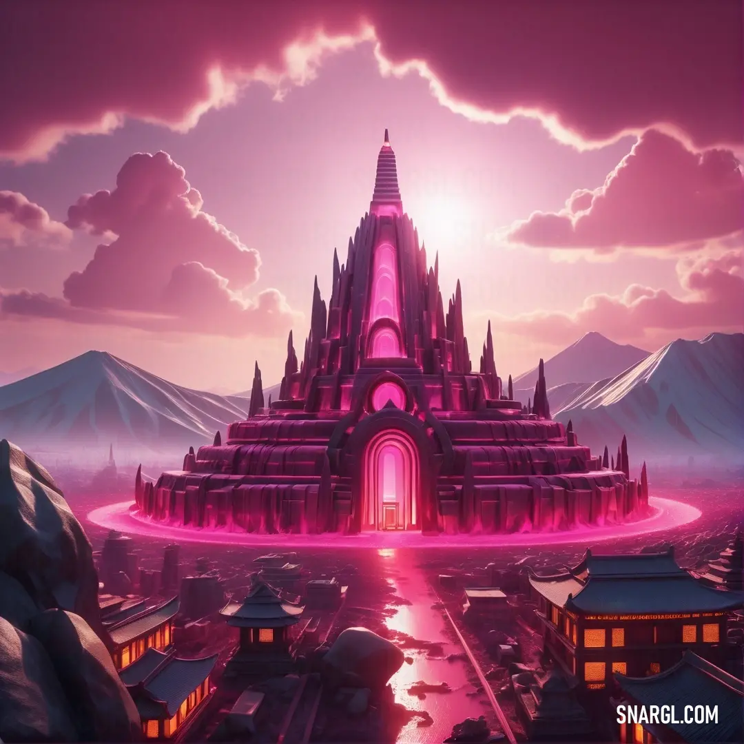 Ruby color. Futuristic city with a pink sky and mountains in the background and a pink sky with clouds