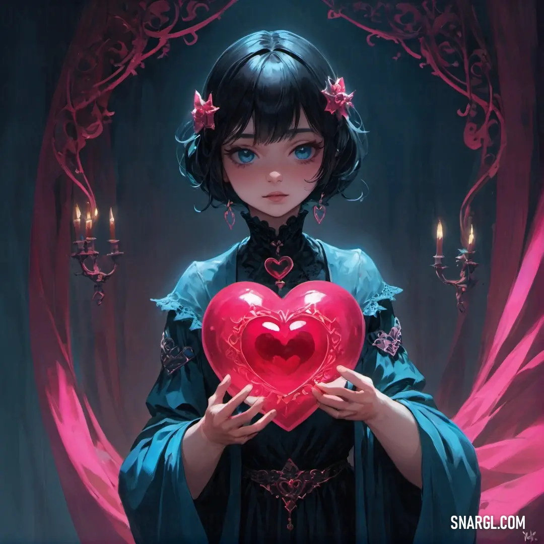 Girl holding a heart in her hands with a candle in the background. Example of #E0115F color.