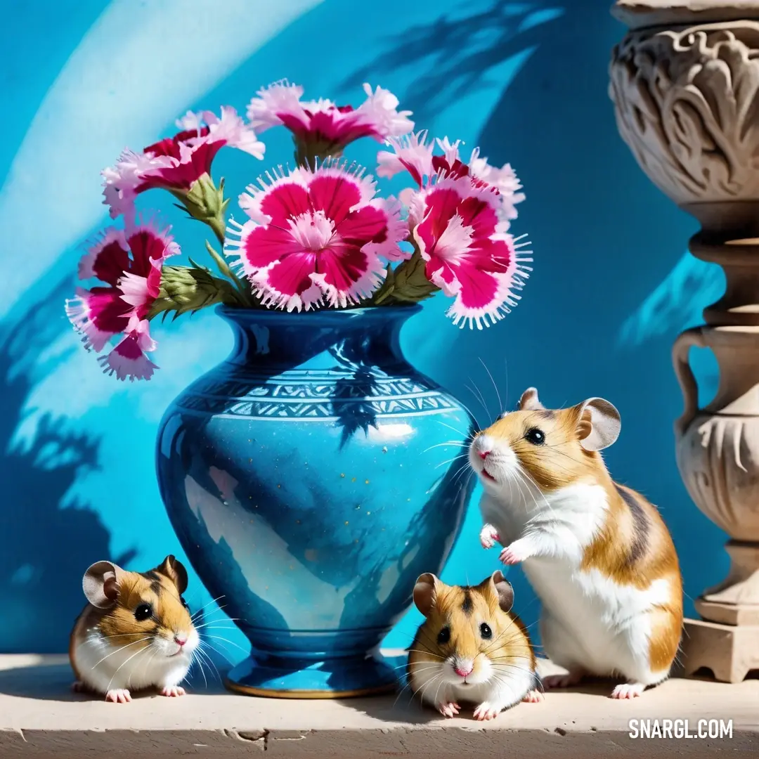 A playful scene of three furry hamsters huddled together next to a charming vase filled with vibrant flowers, set against a calming blue background that adds tranquility to their lively demeanor and captures the essence of companionship and joy.