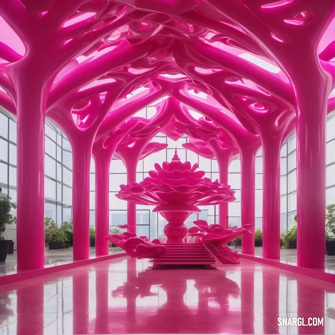 An impressive large pink building rises majestically, featuring a grand staircase that invites exploration. A large window reflects the outside world, enhancing the charm of this architectural wonder. Its colorful facade adds warmth to the surrounding lan