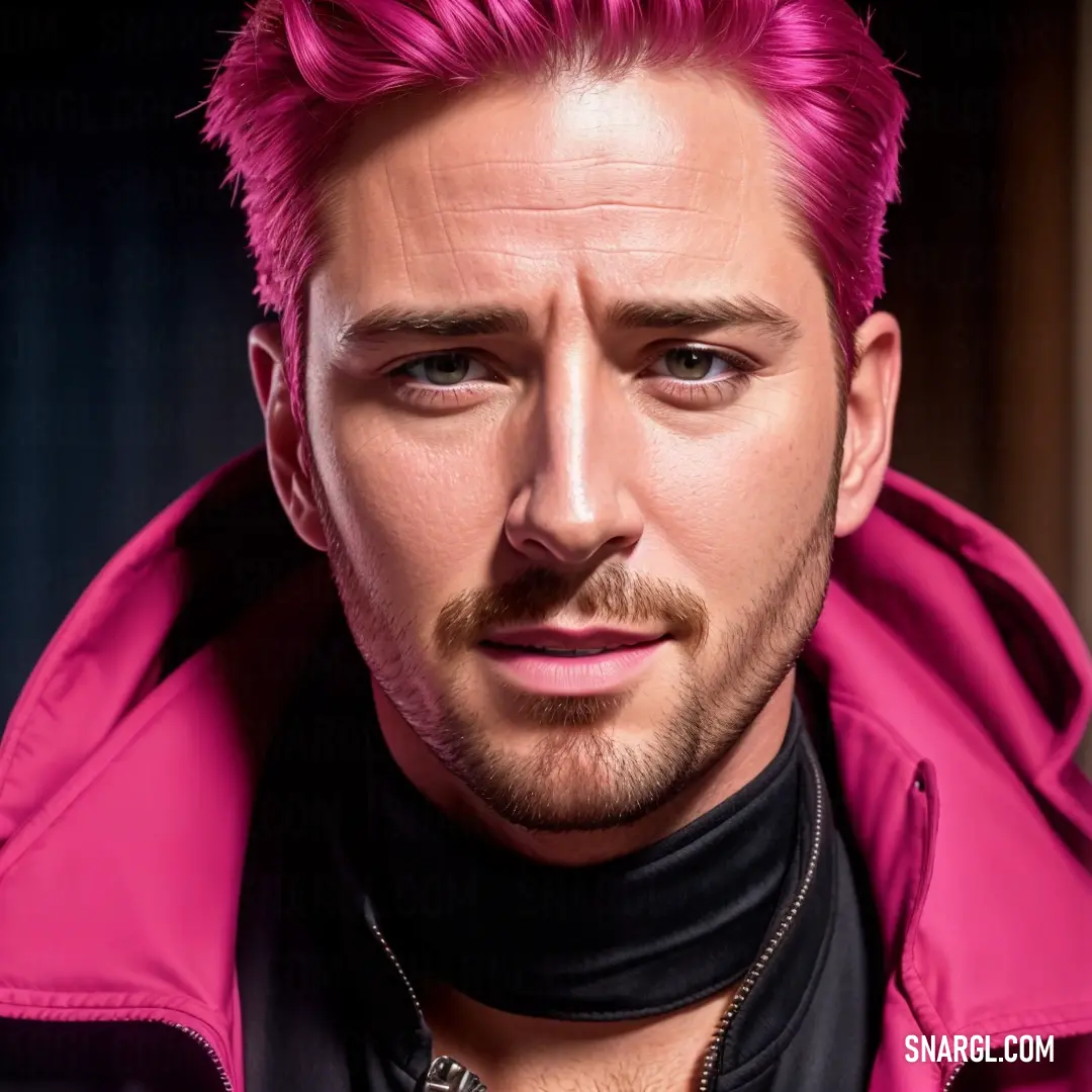 Man with pink hair and a pink jacket on looking at the camera with a serious look on his face. Color Ruby.