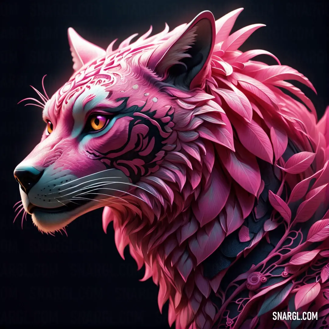 A striking animal figure in shades of bold pink and black, set against a dark background. The design evokes a sense of mystery, with intricate details that draw you into its fierce yet captivating presence.