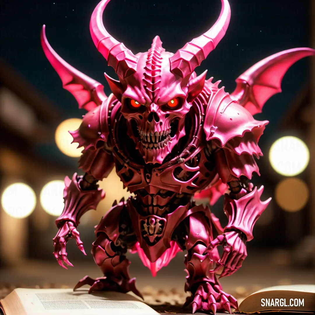 A vivid pink demon statue stands tall on a book, surrounded by soft ambient light in a dark room. Its surreal presence contrasts with the warm glow, creating a captivating and mysterious scene.