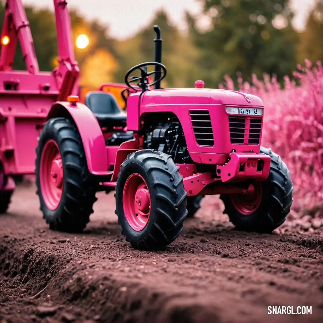 A vibrant pink tractor stands proudly amidst a vivid field of pink flowers, with a soft light glowing behind it, encapsulating the spirit of rural beauty and the joy of cultivating nature's bounty.