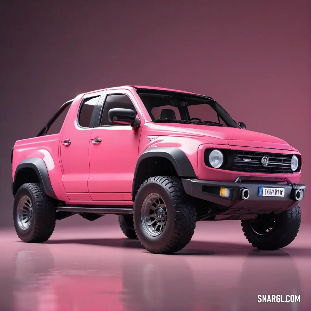 A playful scene unfolds with a charming pink truck boasting a strikingly oversized tire, set against a soft pink background that creates a delightful and whimsical atmosphere, enhancing the truck's lively character.