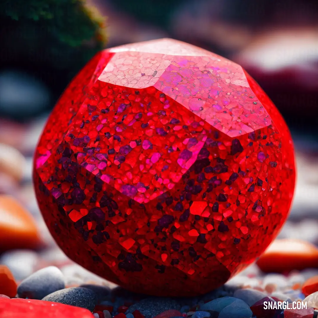 Red ball on top of a pile of rocks next to a tree and watermelon plant