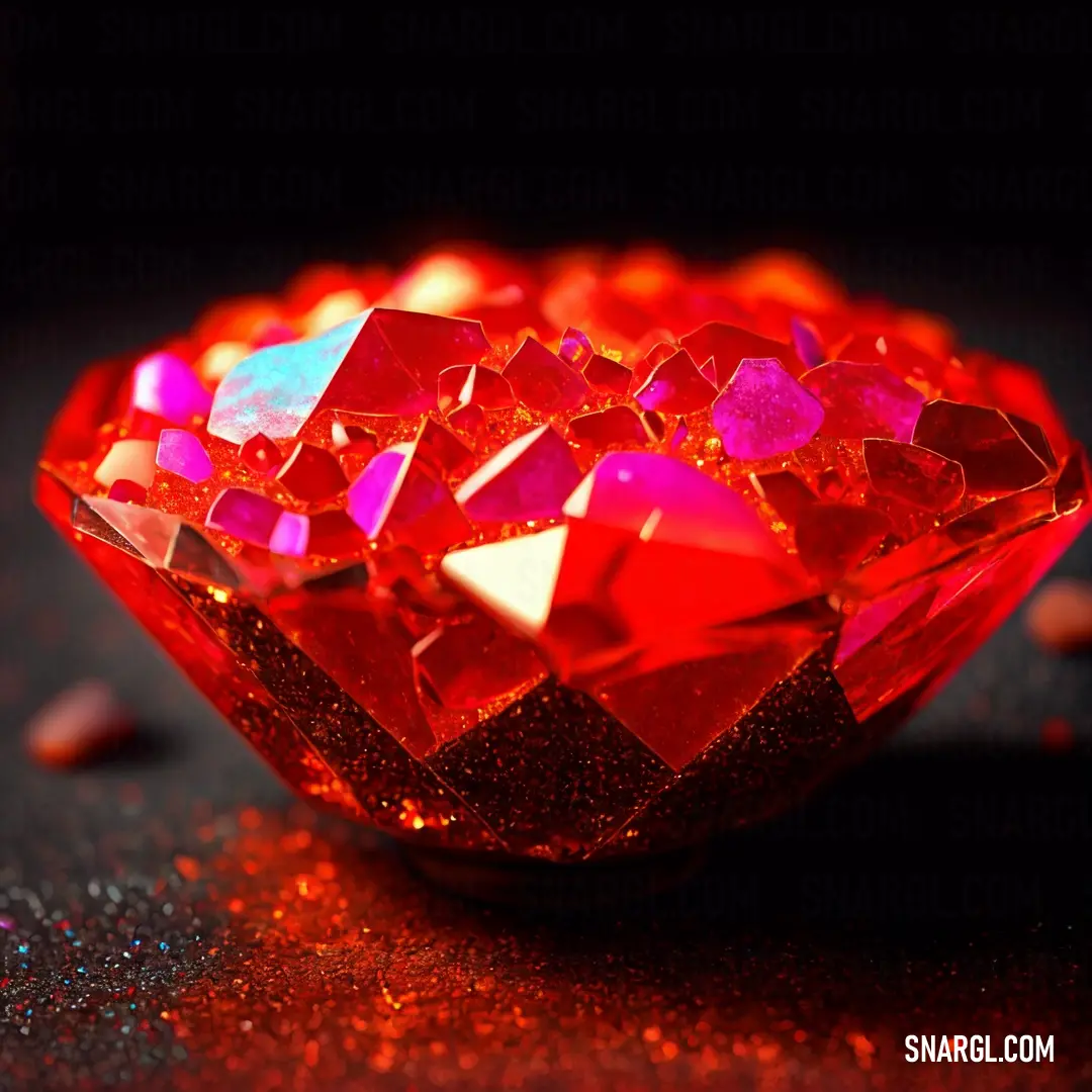 Red diamond on a black surface with red and pink glitters around it and a black background