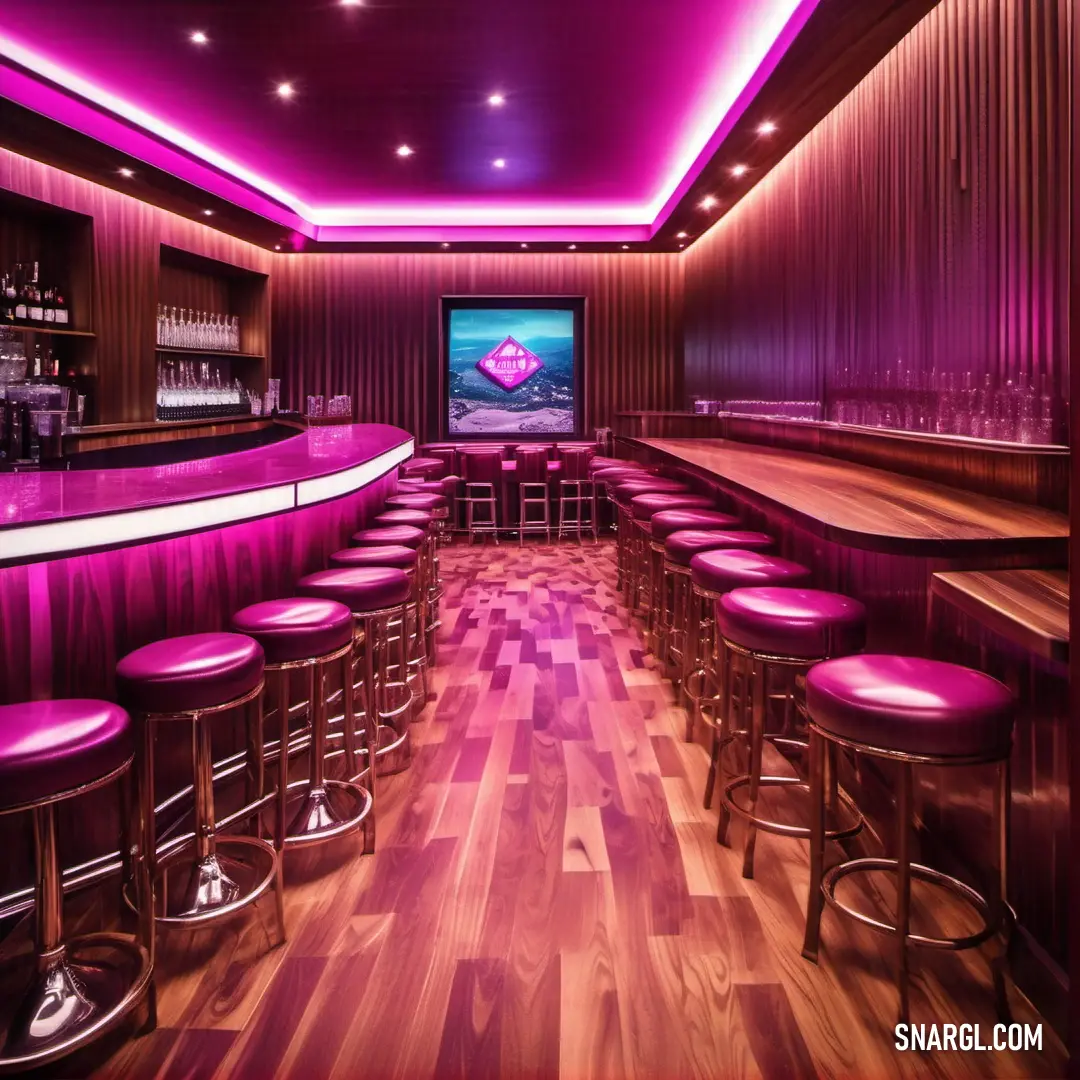 A stylish bar bathed in purple light, with modern stools arranged neatly. A projector screen glows in the background, and the color #E0115F adds a bold, vibrant touch to the sleek ambiance.