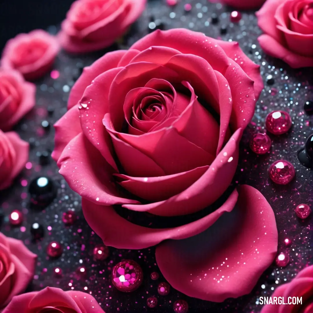 Close up of a pink rose on a table with water droplets on it and a black background. Example of #E0115F color.