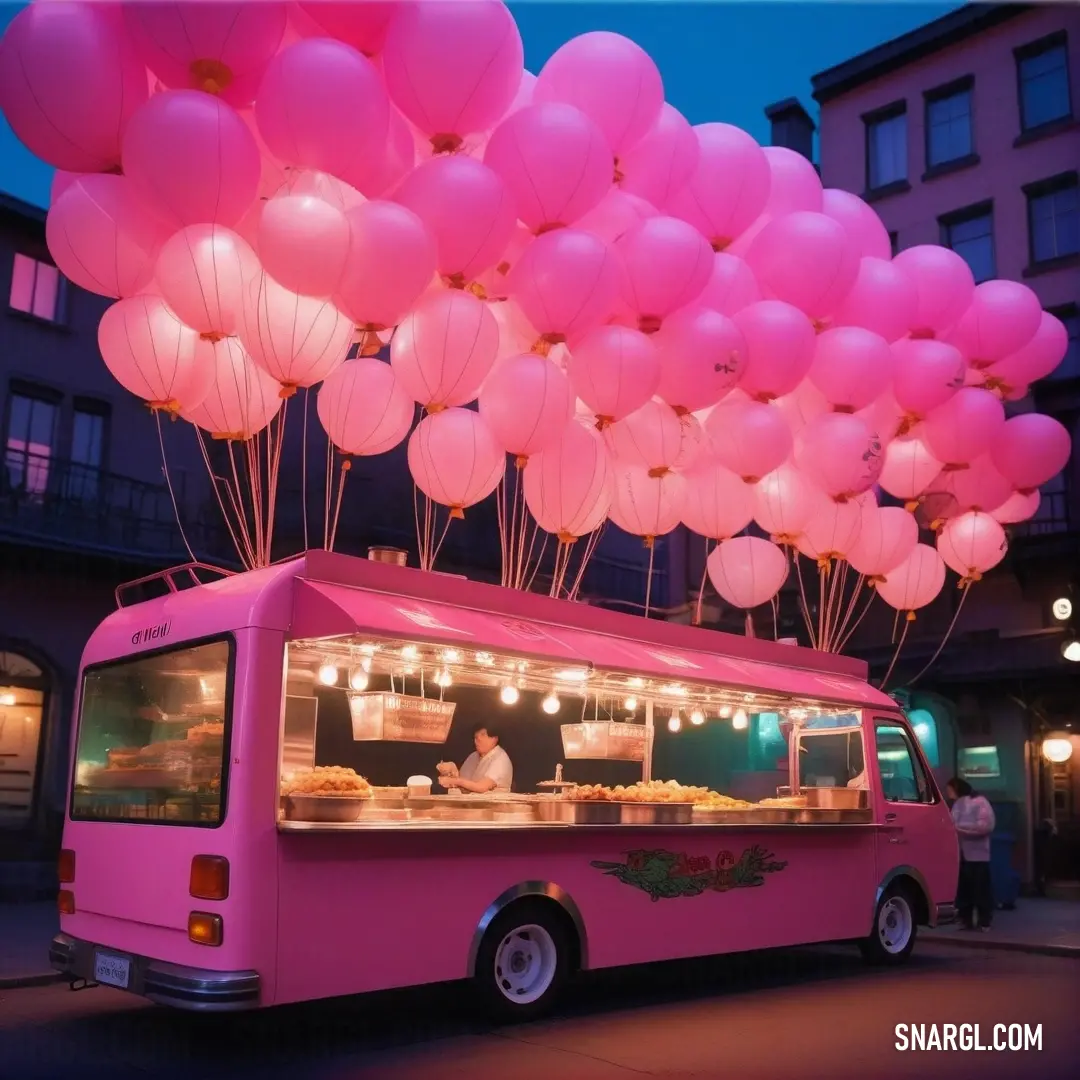 A vibrant food truck adorned with colorful balloons floats against the backdrop of a bustling street, with a cheerful man posing in front, showcasing an array of delicious meals that entice passersby.