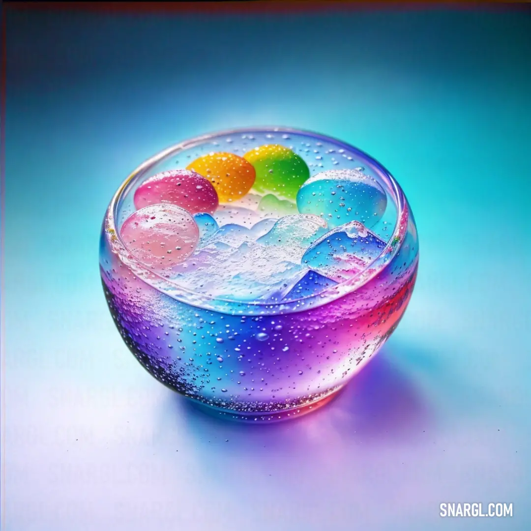 A ruby-colored glass filled with crystal-clear water, surrounded by rainbow-hued bubbles that float in the air against a serene blue backdrop, evoking a sense of calm and beauty.