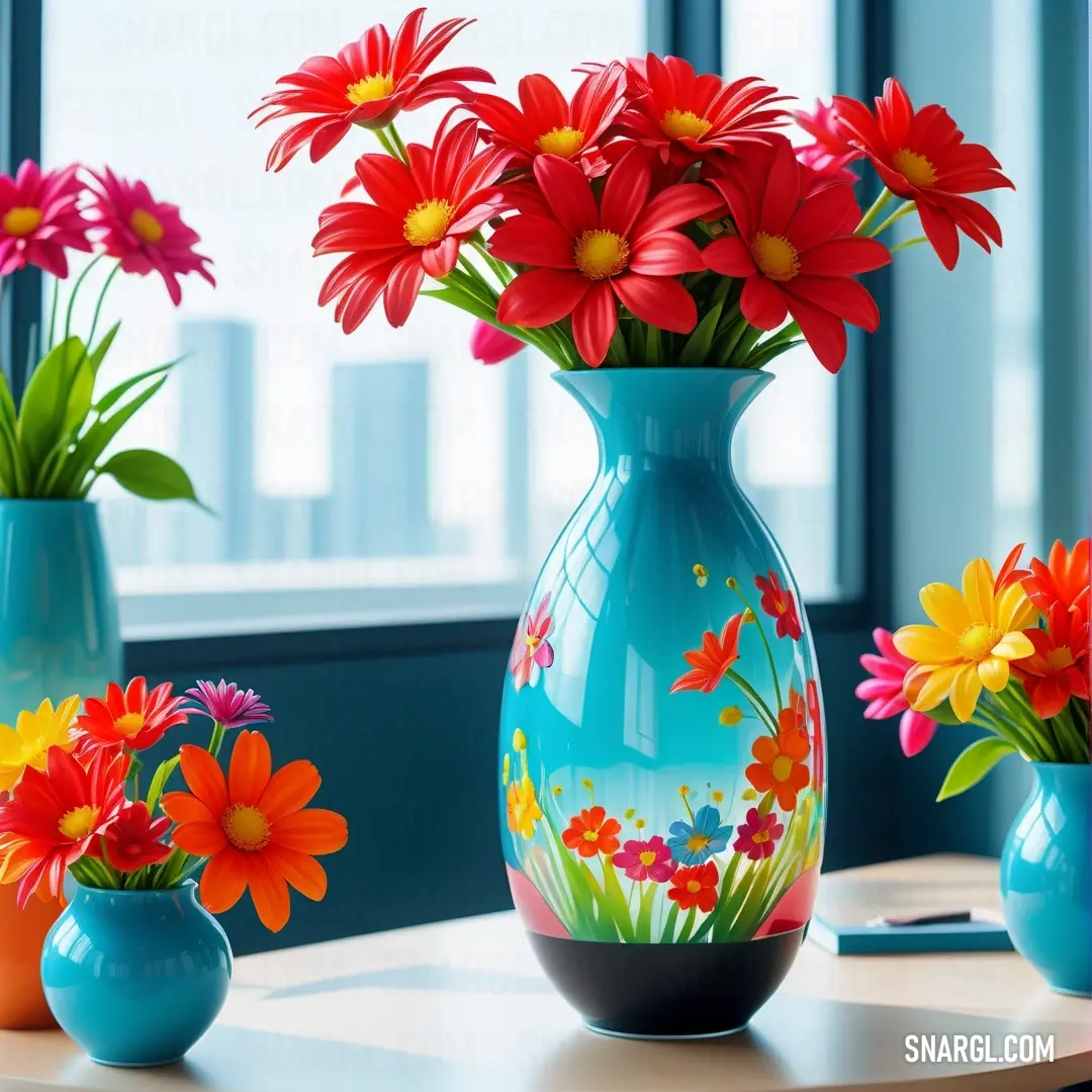 A lovely display of decorative vases, each adorned with vibrant flowers, sits atop a table beside a window, accompanied by a pen and a laptop. This inviting scene inspires creativity and showcases the beauty of flora blended with everyday essentials.