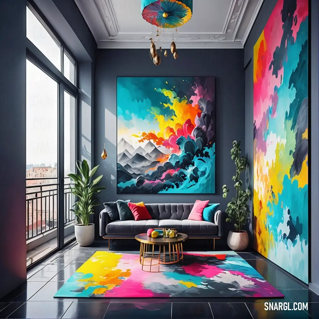 A beautifully decorated living room featuring a large painting that commands attention on the wall. A cozy couch invites relaxation, complemented by a colorful rug that ties the room together, making it a perfect gathering place for family and friends.