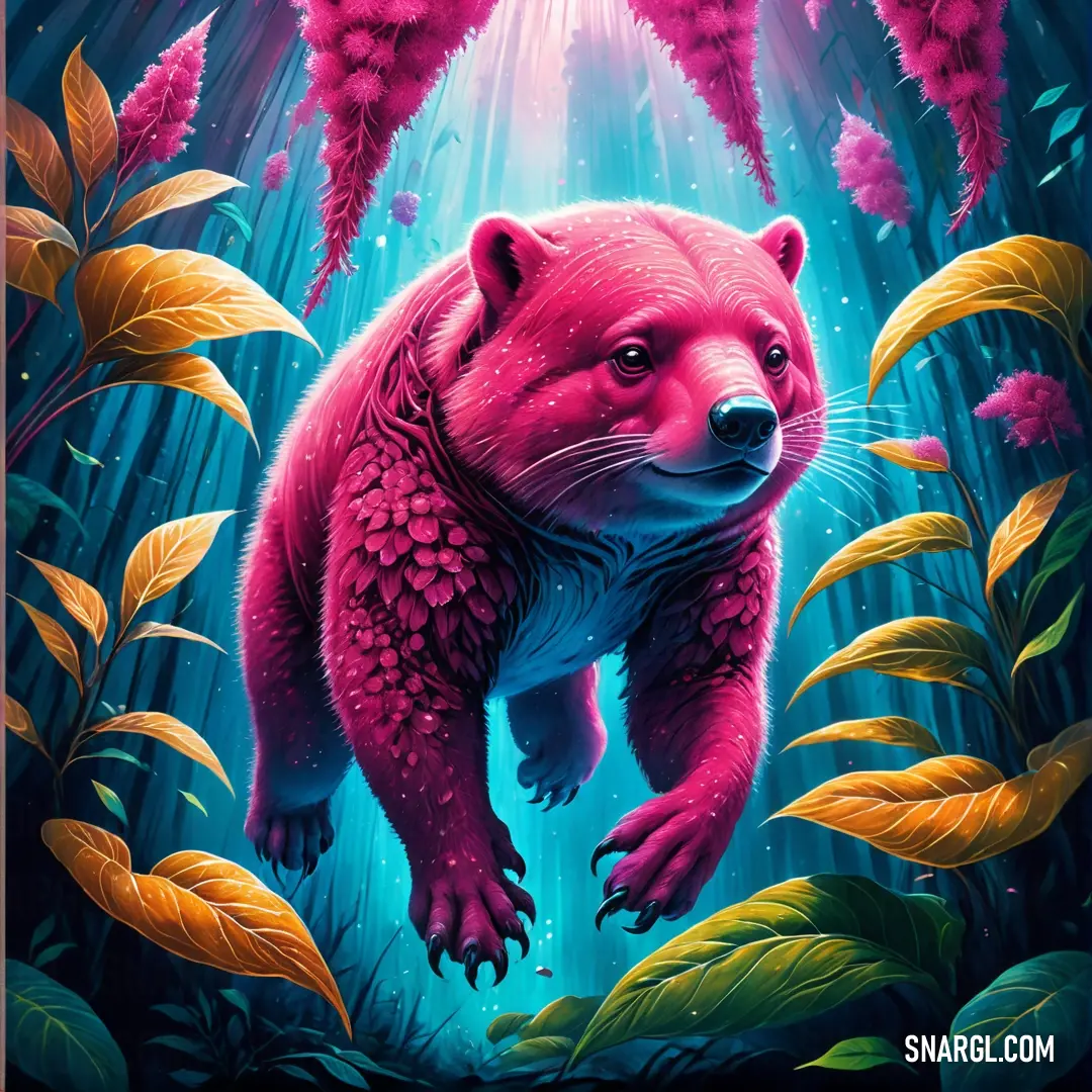 A majestic bear stands in a lush forest surrounded by vibrant plants and delicate flowers, its fur contrasting beautifully with the greenery. The vivid pink hues of the scene evoke a sense of warmth and serenity.