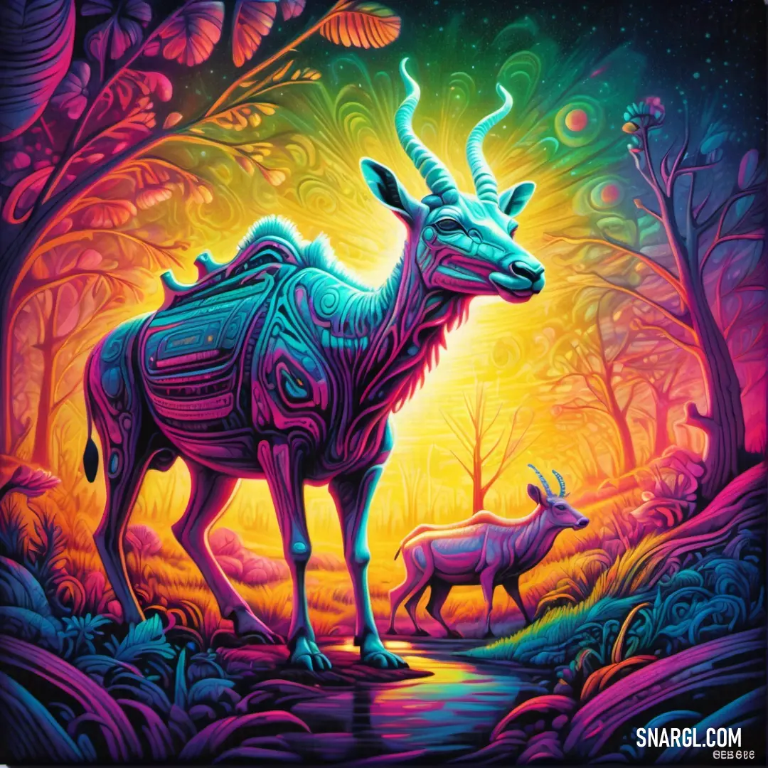 A beautifully painted scene of two deer in a lush forest, their graceful forms illuminated by soft light. The background is filled with vibrant colors, creating a peaceful yet vibrant atmosphere.