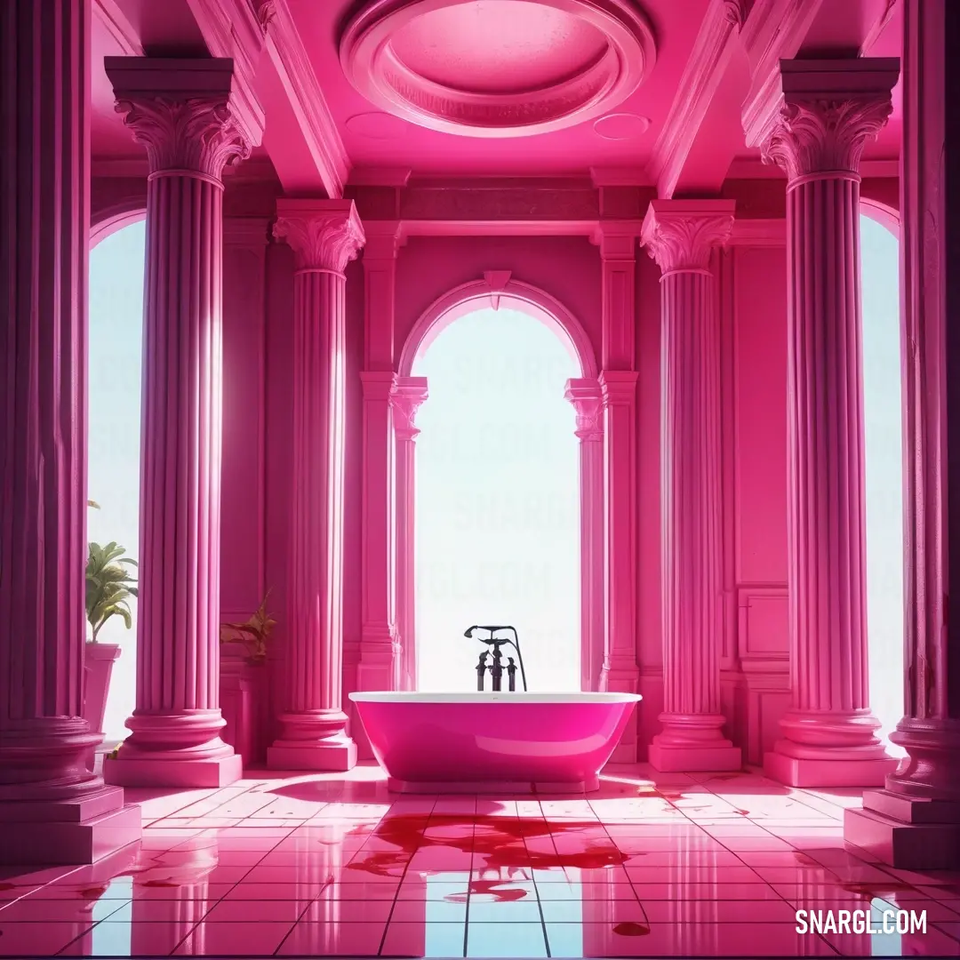 A beautiful pink bathtub sits elegantly in a spacious room, complemented by columns that exude timeless charm. The pink ceiling and floor create a serene atmosphere, making this a perfect sanctuary for relaxation and rejuvenation.