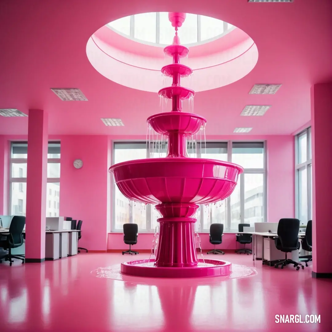 Pink fountain in a pink office with a pink ceiling and windows in the background. Example of #E0115F color.