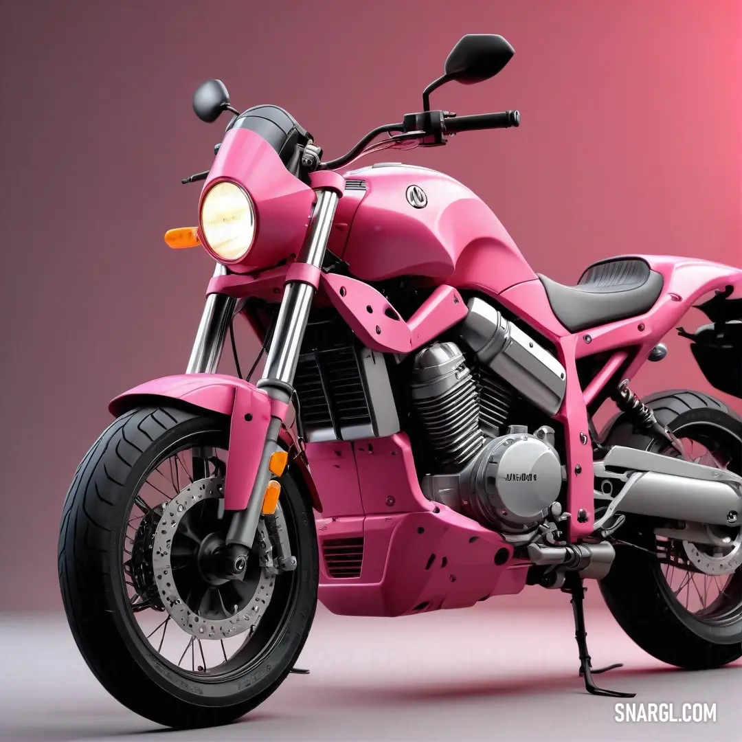 A striking pink motorcycle stands out against a vibrant pink surface, showcasing its sleek design and polished chrome accents that gleam under the light, embodying a bold expression of style and freedom.