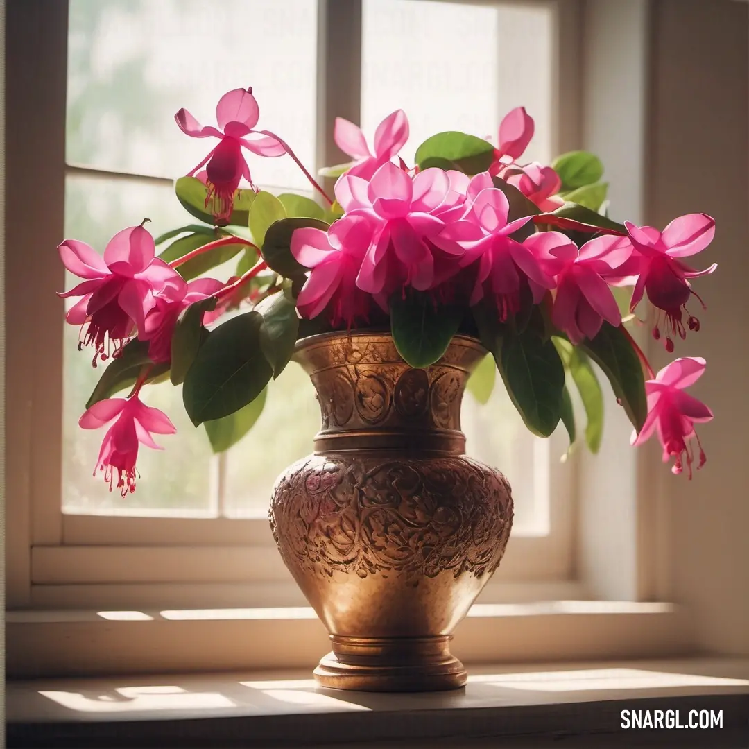 Vase with pink flowers on a window sill in front of a window sill. Example of Ruby color.