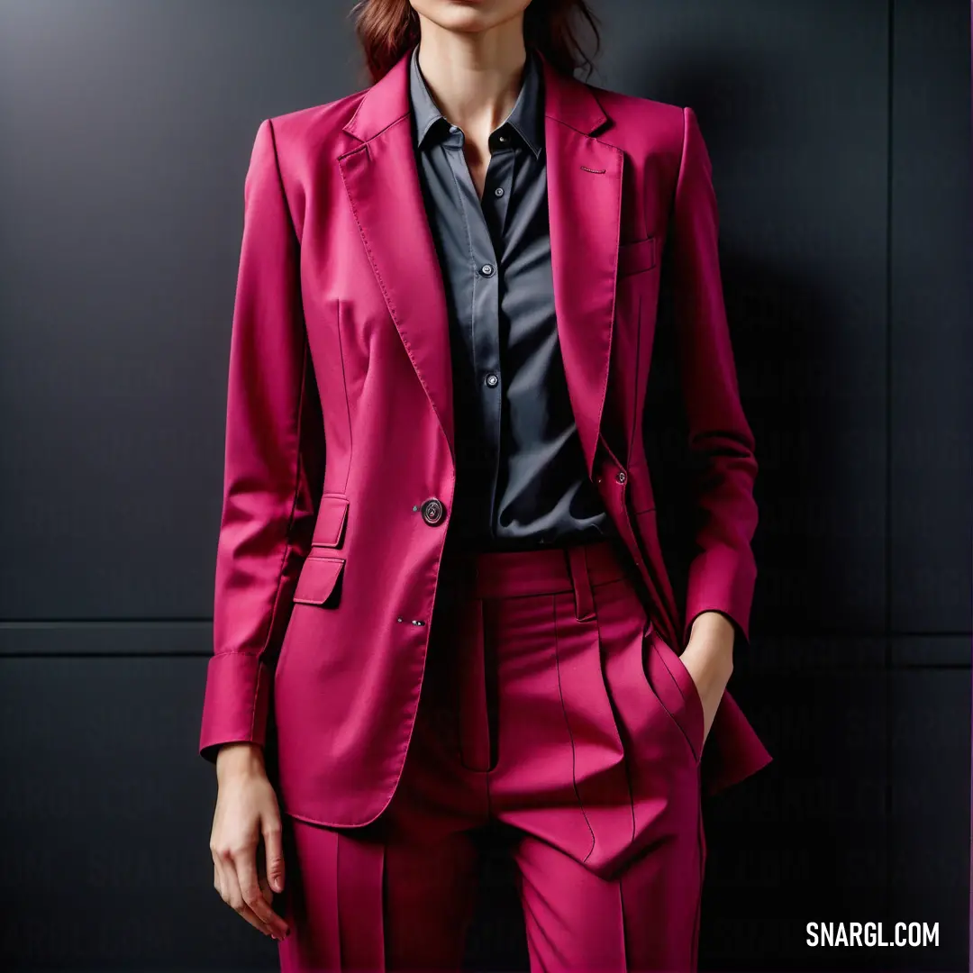 Woman in a pink suit and black shirt posing for a picture with her hands in her pockets and her eyes closed. Color #E0115F.