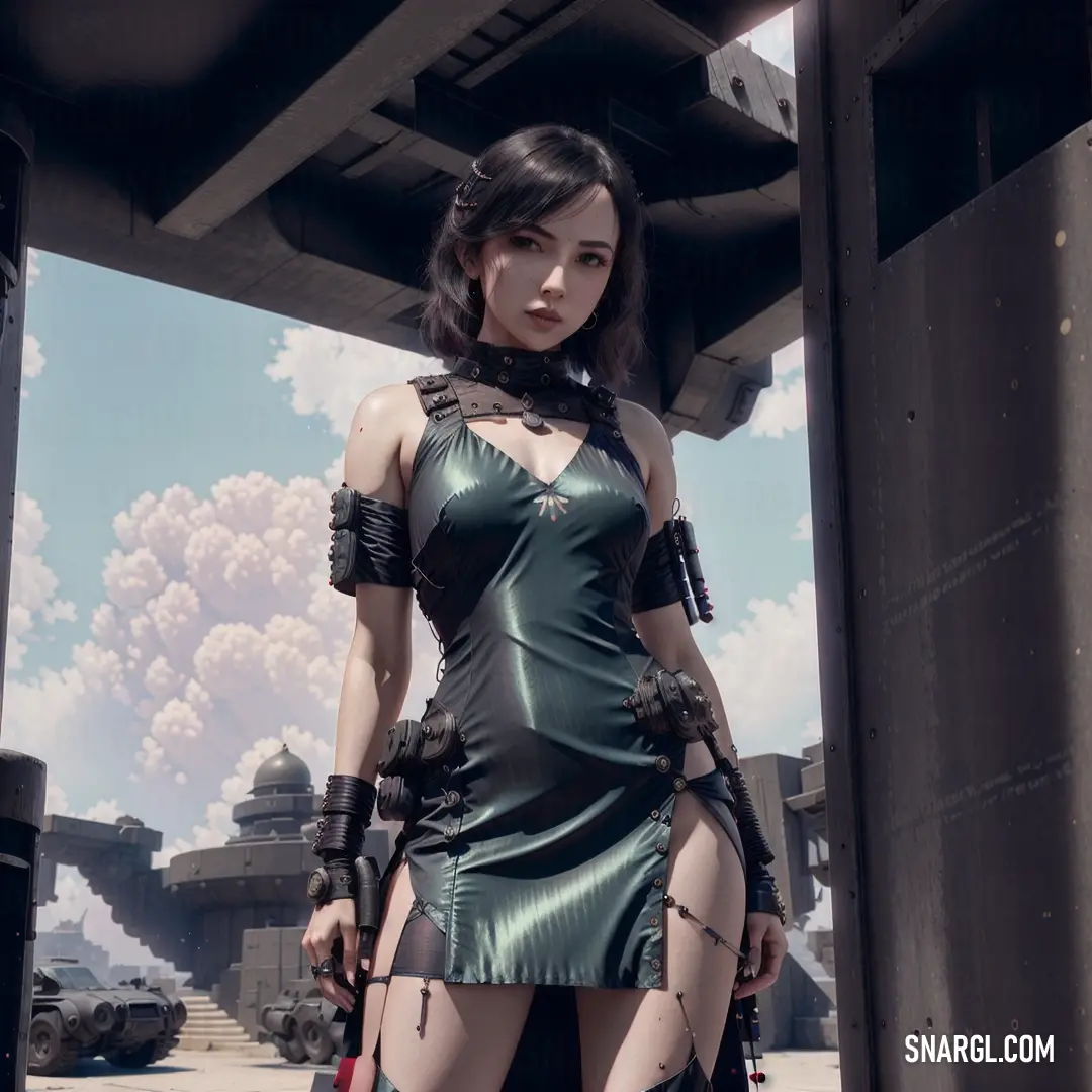 A futuristic woman stands in the doorway, holding a gun in one hand. Her sleek outfit contrasts with the hard edges of the doorway, while the subdued lighting adds an element of suspense to the powerful scene.