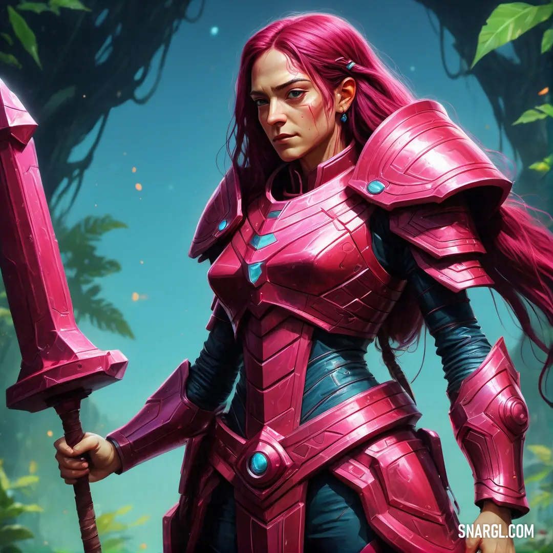 Woman in a pink armor holding a sword and a sword in her hand, with a forest in the background. Example of CMYK 0,92,58,12 color.