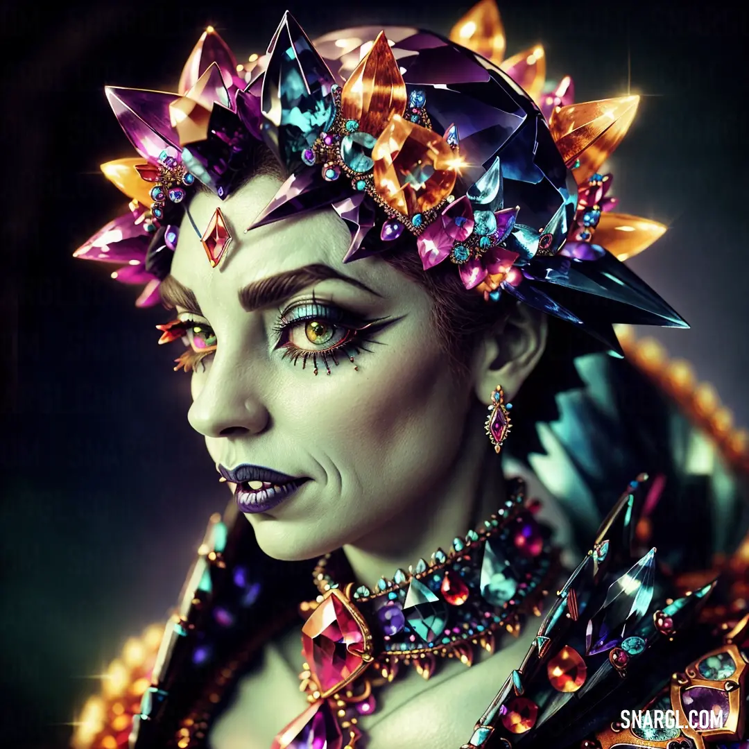 A woman with unique makeup and a crown adorned with intricate details, her necklace shining brightly as she gazes forward. Her look is dramatic, blending elegance and edge in one striking image.