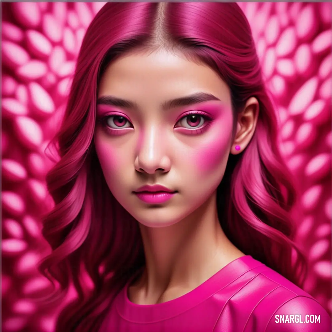 Woman with pink makeup and long hair is shown in a digital painting style. Example of Ruby color.