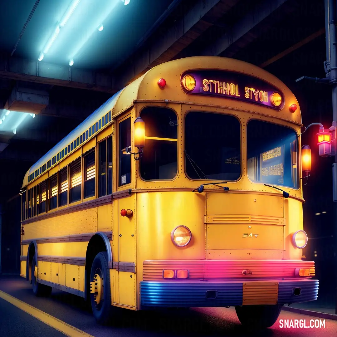 A yellow school bus parked in a garage, its side illuminated by a red light, creating a nostalgic and somewhat mysterious atmosphere, as if waiting for its next journey.