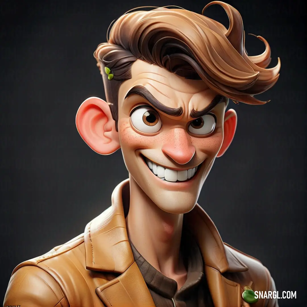 Cartoon character with a brown jacket and a smile on his face. Example of CMYK 0,46,79,27 color.